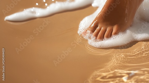 Footprints gently touch sandy shore, waves softly lapping around