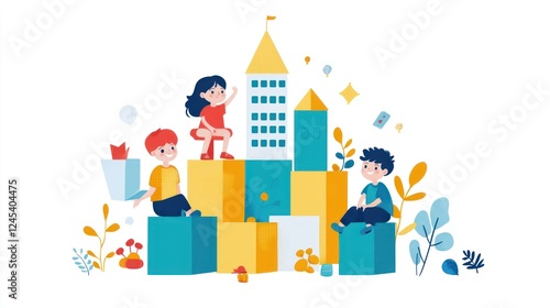 Children Playing with Colorful Building Blocks and Imagination