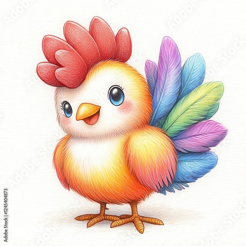 Adorable Fluffy Yellow Chick With Rainbow Tail Illustration photo