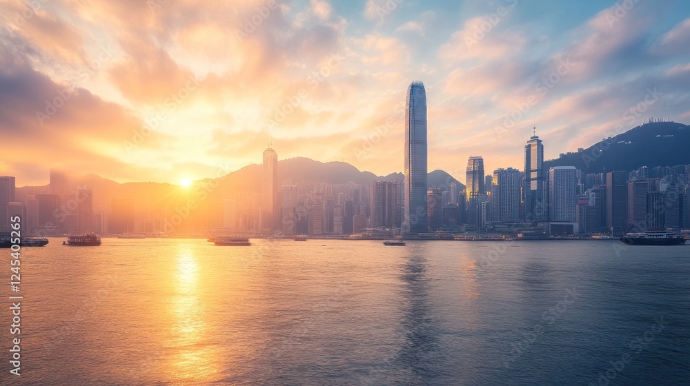 Golden Hong Kong Skyline at Sunrise Golden Hong Kong Skyline at Sunrise
