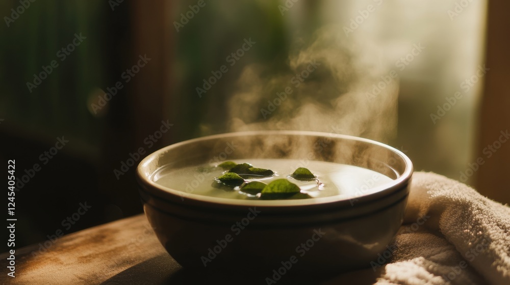 Close-up of a warm bowl with eucalyptus-infused water and rising steam, creating a tranquil spa atmosphere. Relaxation, wellness, and self-care concept. Close-up of a warm bowl with eucalyptus-infused water and rising steam, creating a tranquil spa atmosphere. Relaxation, wellness, and self-care concept.