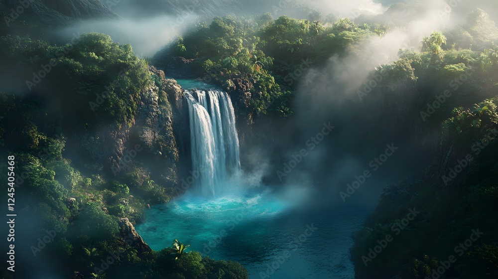 Serene waterfall cascading into tranquil pool, lush greenery surrounds, ideal for relaxation or nature-themed content.