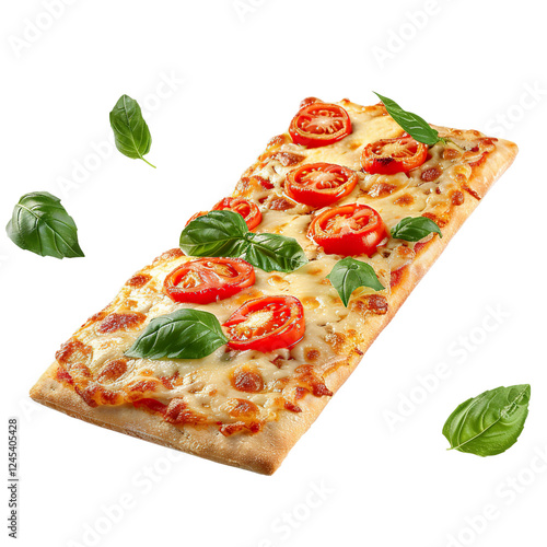 Long rectangular pizza with cherry tomatoes, melted cheese, and fresh basil leaves, floating with isolated background photo