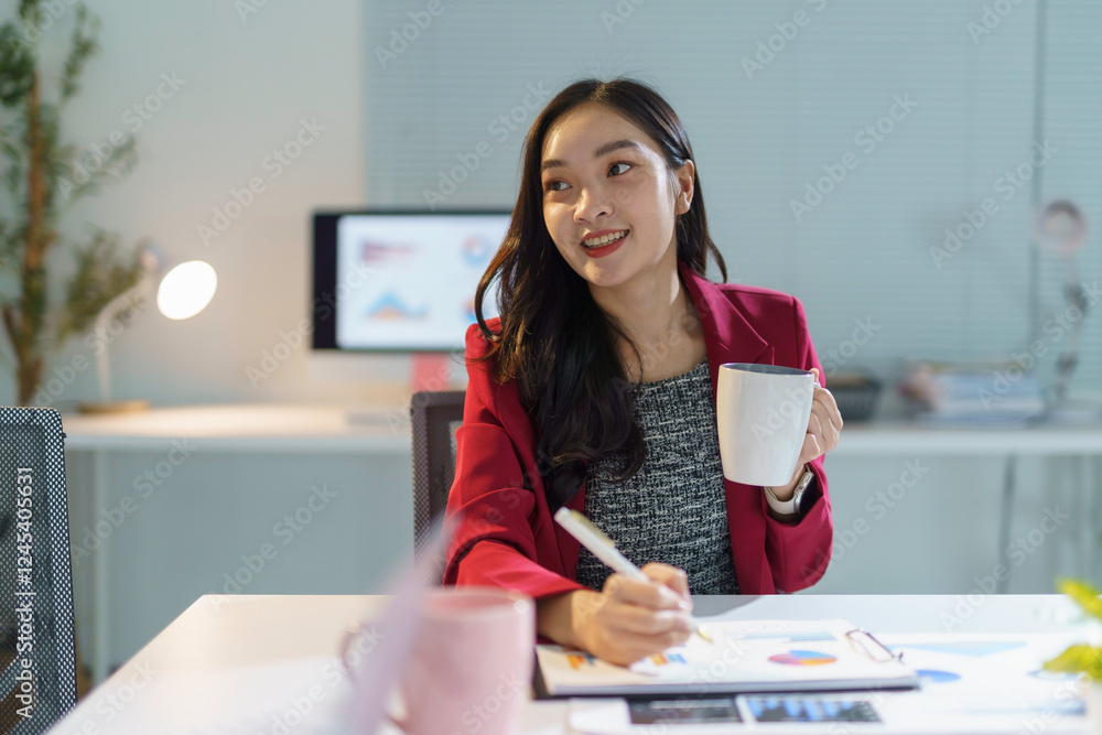 Asian businesswoman drinking coffee and working with financial documents in office Asian businesswoman drinking coffee and working with financial documents in office