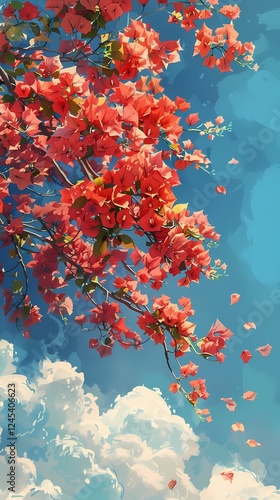 Retro blue sky and white clouds plum blossom illustration poster background