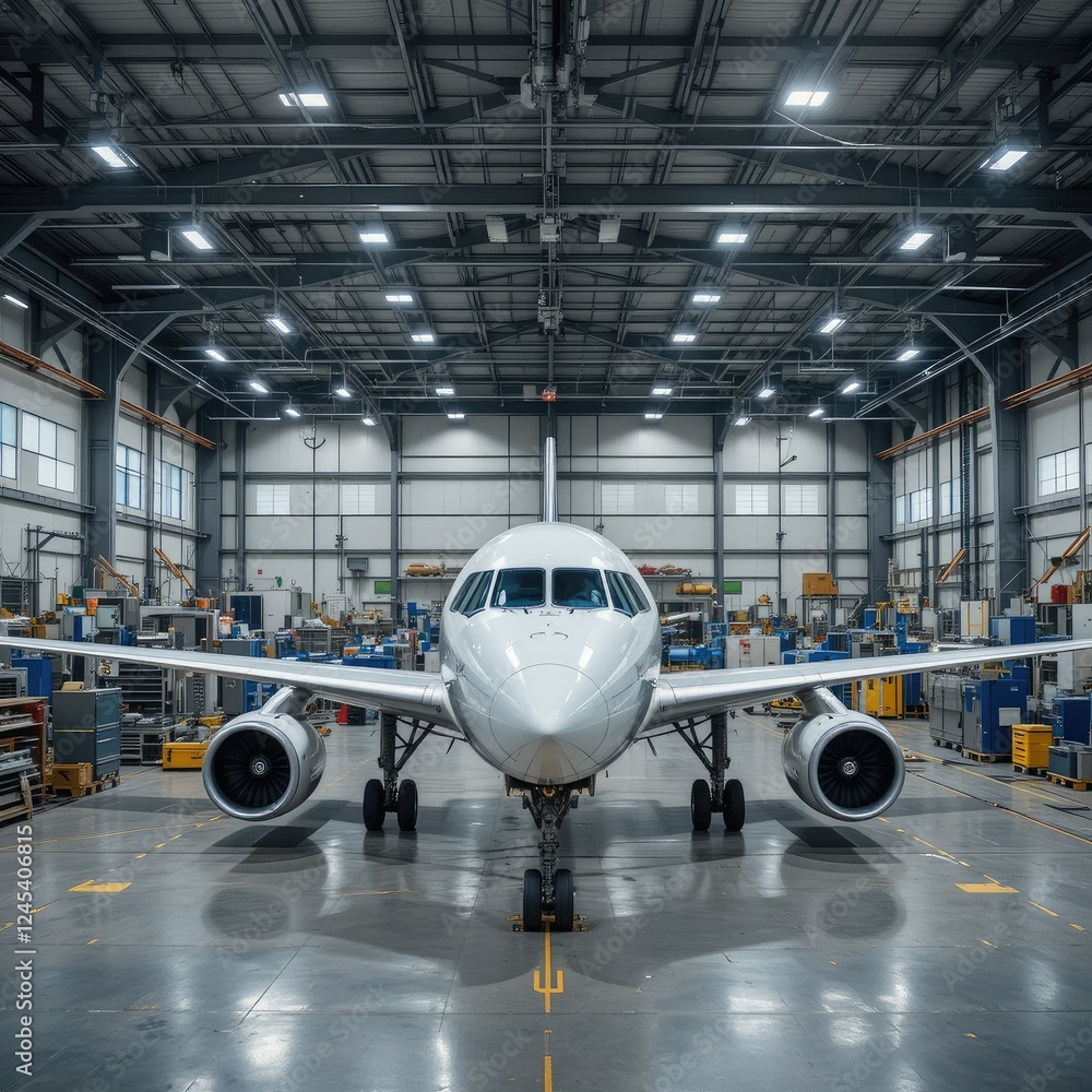 Airplane in Modern Hangar: Aircraft Maintenance and Repair Airplane in Modern Hangar: Aircraft Maintenance and Repair