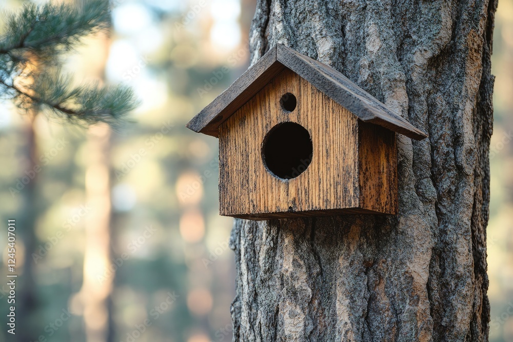 Wooden birdhouse hanging on a tree in a forest Wooden birdhouse hanging on a tree in a forest