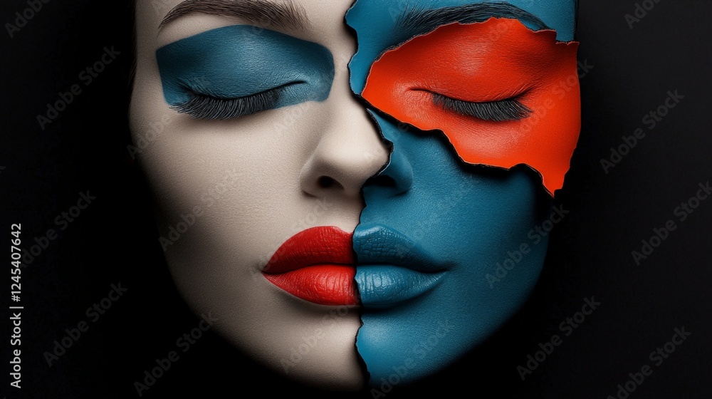Painted Portrait: A striking portrait of a woman with her face artfully divided into contrasting colors, showcasing the power of duality. Painted Portrait: A striking portrait of a woman with her face artfully divided into contrasting colors, showcasing the power of duality.