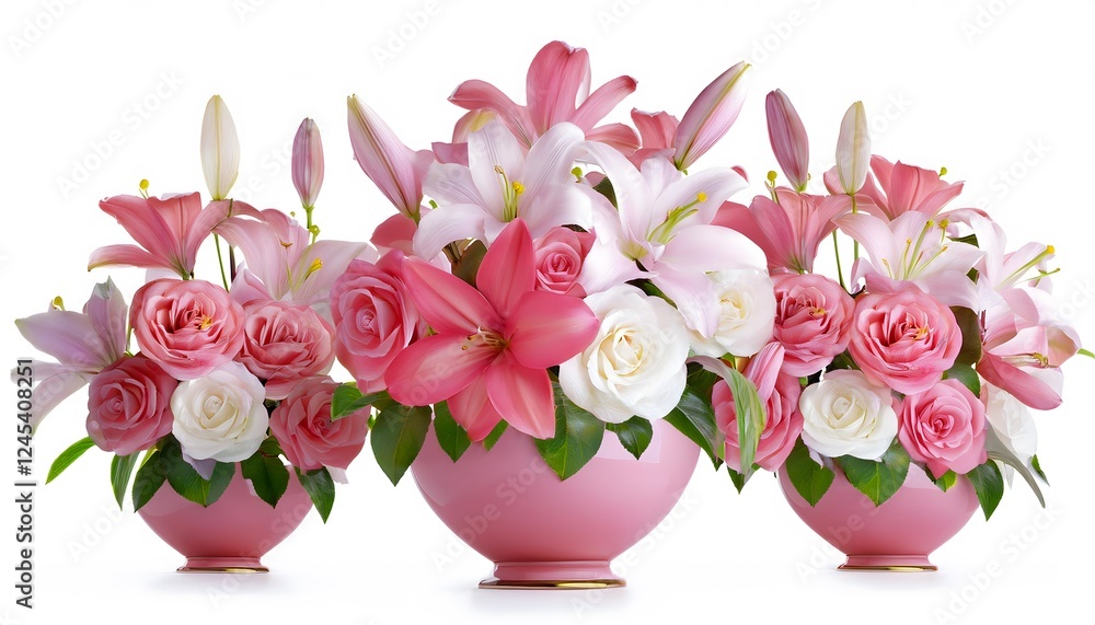 Obraz premium Festive Valentine's Day decorations: Valentine floral arrangement, roses and lilies in elegant vases.