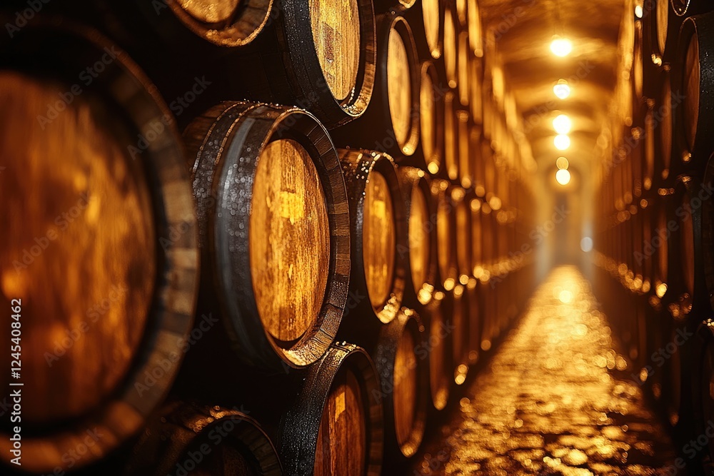 Wine cellar with wooden barrels aging in warm light Wine cellar with wooden barrels aging in warm light
