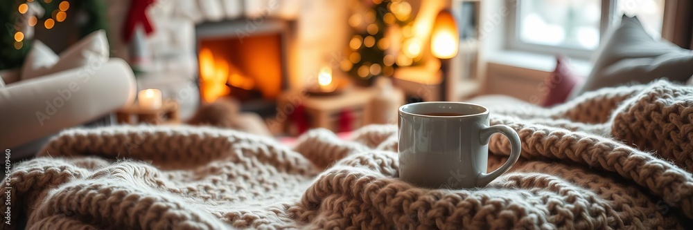 Cozy winter scene with hot tea, woolen blanket, fireplace, chair, warm ambiance, festive, cozy, tea Cozy winter scene with hot tea, woolen blanket, fireplace, chair, warm ambiance, festive, cozy, tea