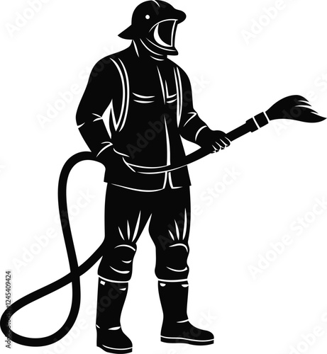 Firefighter in full gear silhouette vector illustration design, firefighter in full gear premium quality line art vector, firefighter in full gear vector icon design