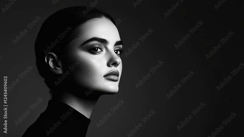 Women's Day Concepts. Profile portrait of a woman in black and white lighting. Women's Day Concepts. Profile portrait of a woman in black and white lighting.