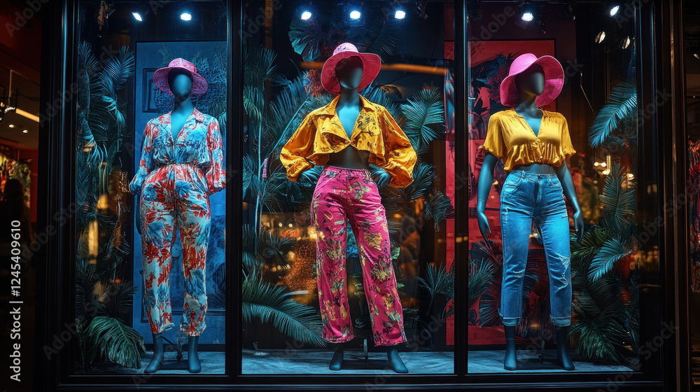 Clothing store window display featuring mannequins dressed in bold, colorful outfits Clothing store window display featuring mannequins dressed in bold, colorful outfits