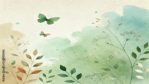 Watercolor Green Background with Lush Decorative Plants – Perfect for Digital Art, Home Decor, and Nature-Inspired Designs