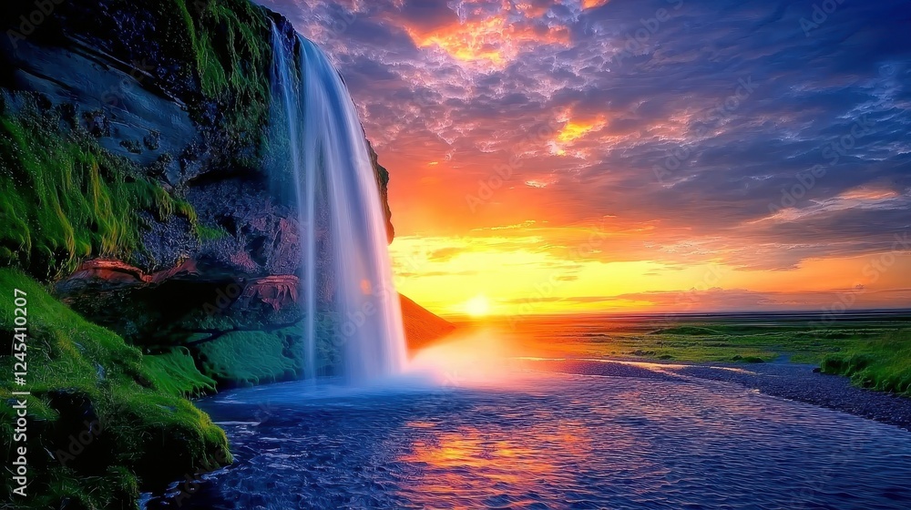 Fototapeta premium Dreamy Sunset Over Serene Waterfall