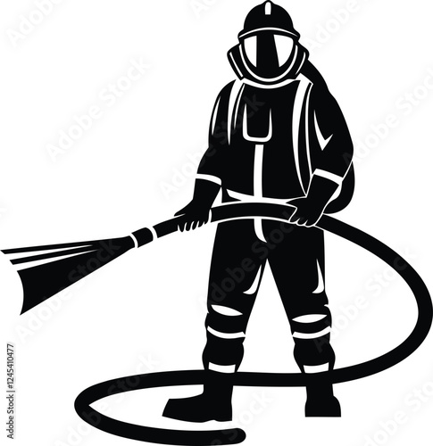 Firefighter in full gear silhouette vector illustration design, firefighter in full gear premium quality line art vector, firefighter in full gear vector icon design