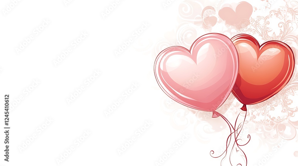 Two Heart Shaped Balloons Float Gently Against White Background Two Heart Shaped Balloons Float Gently Against White Background