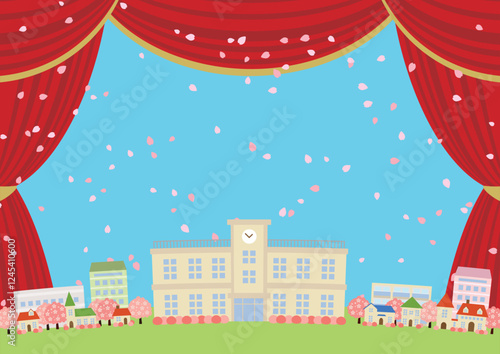 春の学校劇場、イラスト、背景、かわいい、横、桜、赤
