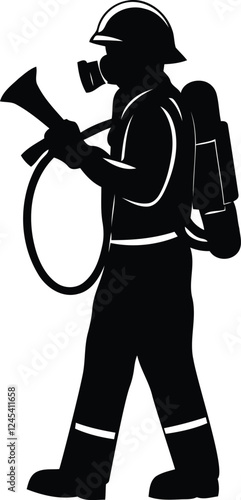 Firefighter in full gear silhouette vector illustration design, firefighter in full gear premium quality line art vector, firefighter in full gear vector icon design