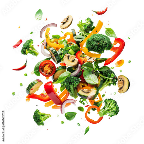 Exploding mix of fresh vegetables in mid-air, isolated on white background photo