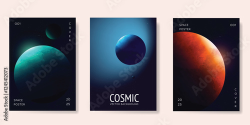 Planet and galaxy Space card vector set. Solar system with galaxy planets, asteroids, jupiter, saturn, mars, moon, ring line solar. Cosmic design for flyer, brochure, background, poster, cover. 
