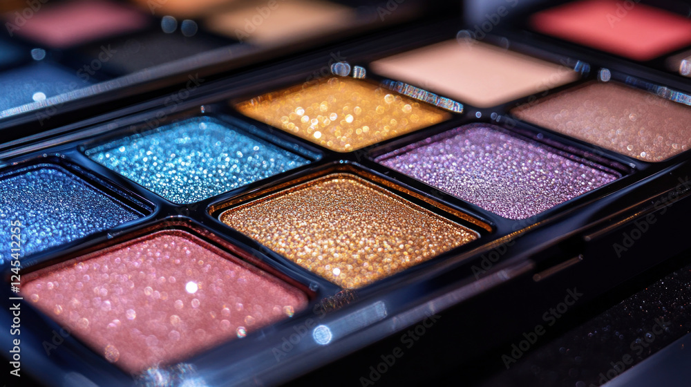 Eye shadow palettes displayed in bold metallic shades with glitter accents Eye shadow palettes displayed in bold metallic shades with glitter accents