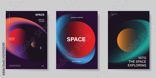 Planet and galaxy Space card vector set. Solar system with galaxy planets, asteroids, jupiter, saturn, mars, moon, ring line solar. Cosmic design for flyer, brochure, background, poster, cover. 