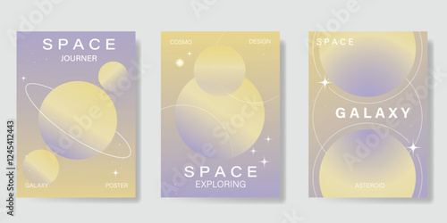 Planet and galaxy Space card vector set. Solar system with galaxy planets, asteroids, jupiter, saturn, mars, moon, ring line solar. Cosmic design for flyer, brochure, background, poster, cover. 