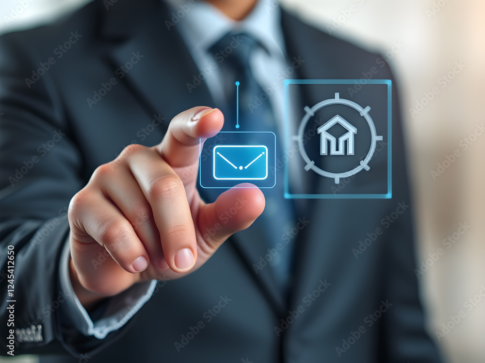 a businessman touching a digital email icon. a businessman touching a digital email icon.