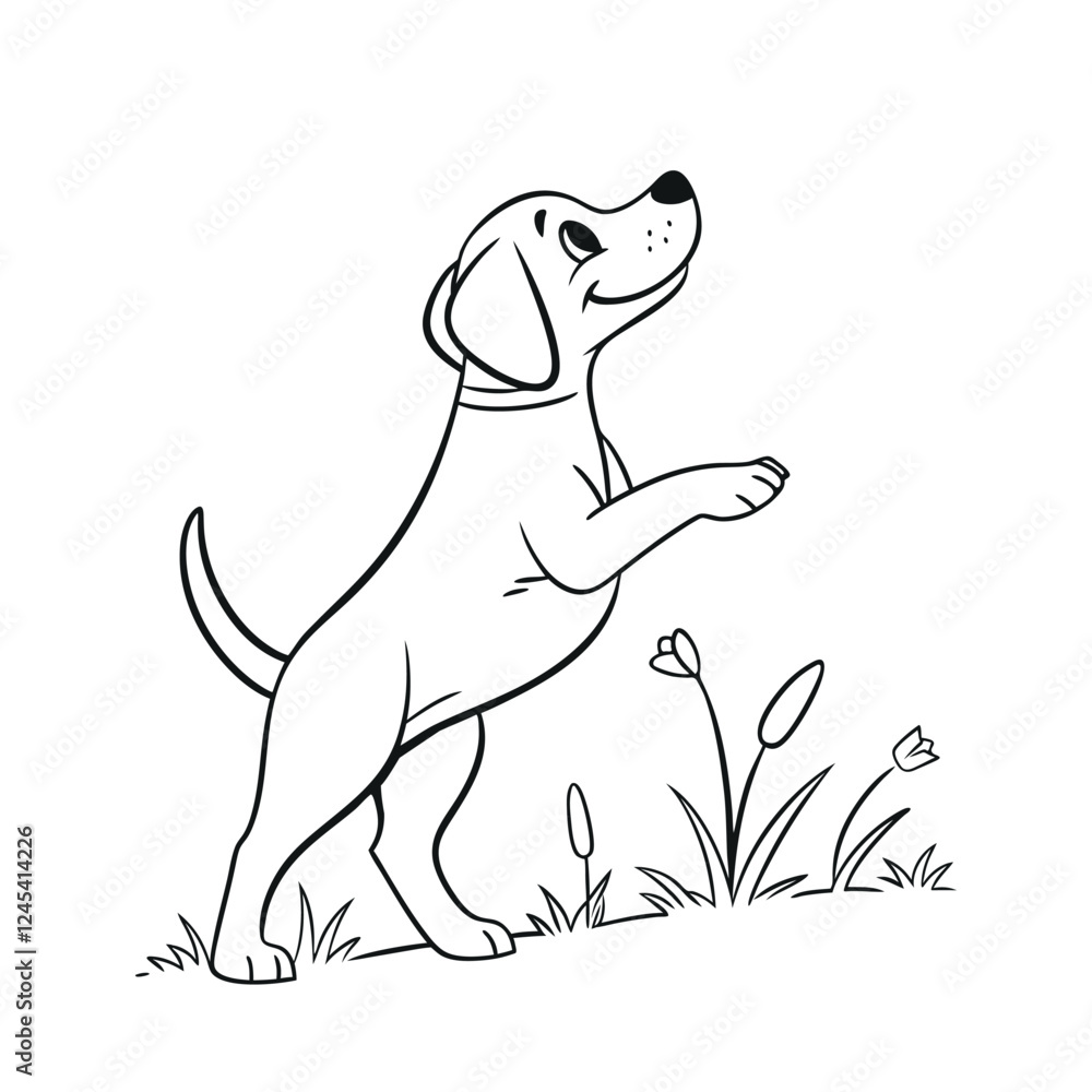 Fototapeta premium A puppy happy moment in the meadow line art vector illustration on a white background. Cute baby dog illustration.