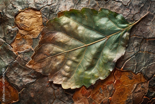 Close-up single green brown leaf lying on textured cracked surface with earthy tones. Leaf veins delicate color transitions natural decay beauty, showcasing intricate details organic patterns texture. photo