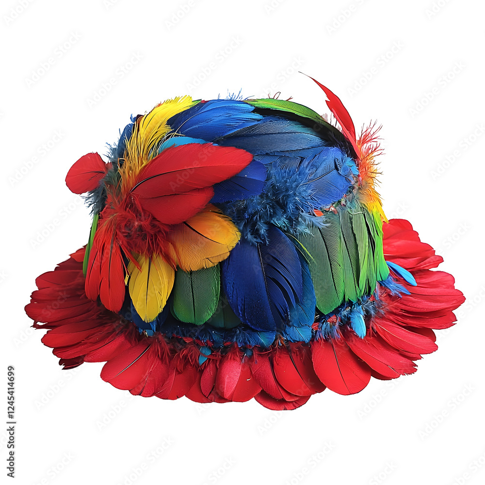 Obraz premium Vibrant Parrot-Inspired Feathered Cap Accessory on Clean White Background