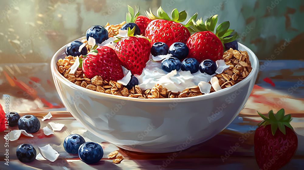 A vibrant bowl of granola topped with fresh strawberries, raspberries, blueberries, and coconut flakes, beautifully lit to highlight its deliciousness. A vibrant bowl of granola topped with fresh strawberries, raspberries, blueberries, and coconut flakes, beautifully lit to highlight its deliciousness.