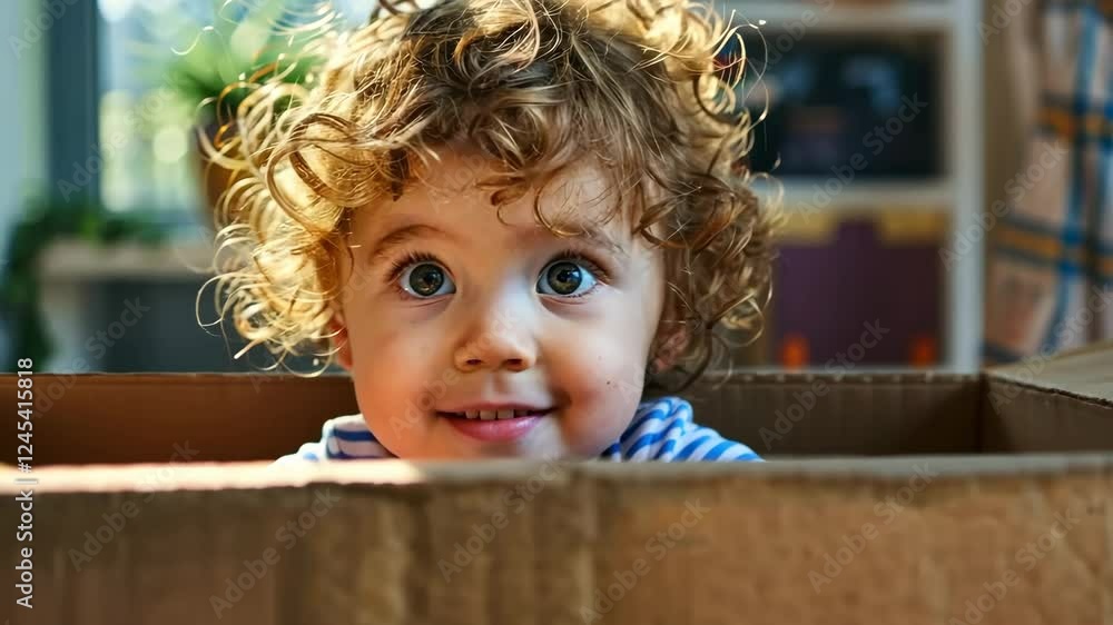 Curious Toddler in Cardboard Box: A charming toddler with curly blond hair peeks from inside a cardboard box, a picture of playful curiosity and innocent wonder. Curious Toddler in Cardboard Box: A charming toddler with curly blond hair peeks from inside a cardboard box, a picture of playful curiosity and innocent wonder.