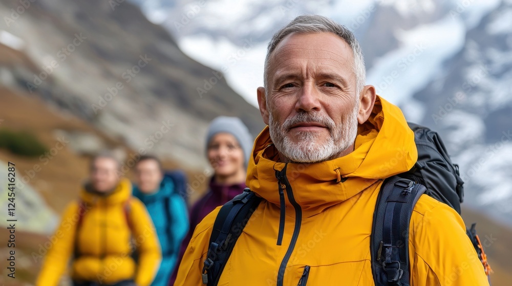 Adventurous Man Smiling in Bright Yellow Jacket Amidst Mountains Adventurous Man Smiling in Bright Yellow Jacket Amidst Mountains