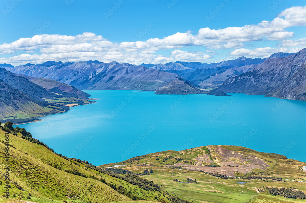 Fototapeta premium Lake Hawea and the mountains, Otago, South Island, New Zealand, Oceania.