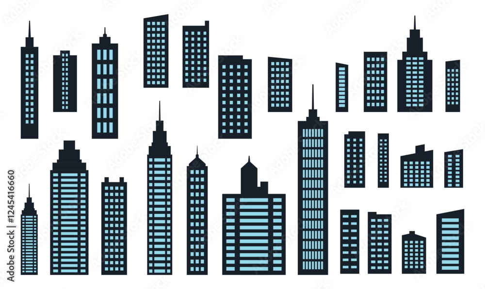 Fototapeta premium Blue Black Silhouette Elements Set of Skyscraper Tower Building in City Town