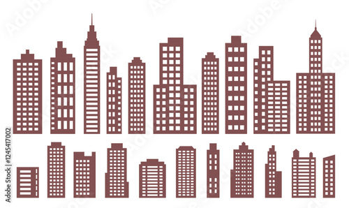 Brown Silhouette Elements Set of Skyscraper Tower Building in City Town