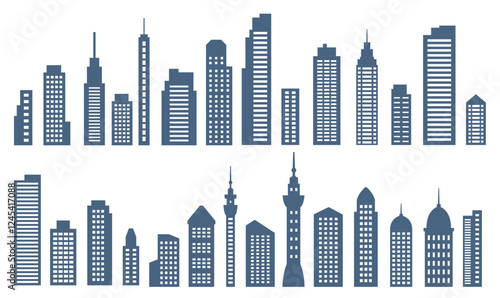 Blue Silhouette Elements Set of Skyscraper Tower Building in City Town