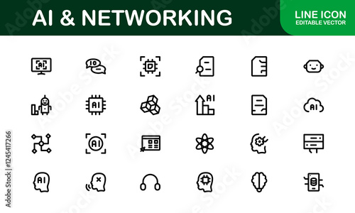 AI and Networking Icons. High-Quality Vector Illustrations for Machine Learning, Cloud Networking, Data Security, and UI/UX Design Solutions