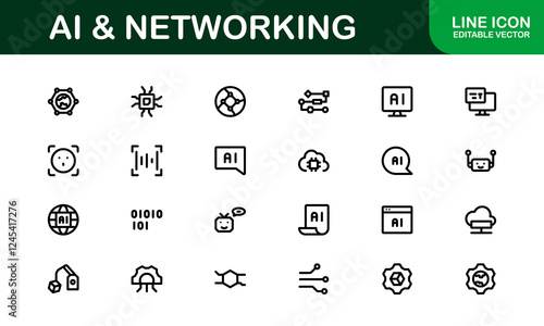 AI and Networking Icons. High-Quality Vector Illustrations for Machine Learning, Cloud Networking, Data Security, and UI/UX Design Solutions