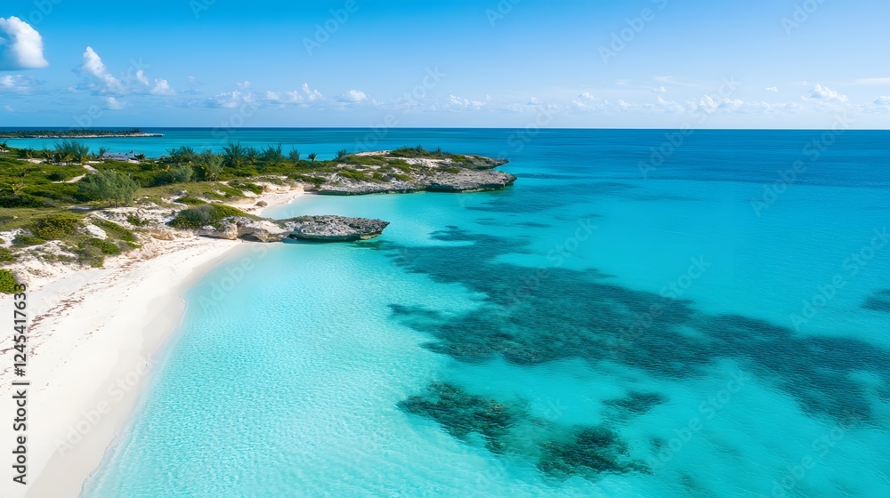 Obraz premium Tranquil beach scene, pristine white sand meeting turquoise waves, bright sunlight with lush greenery, perfect for relaxation.