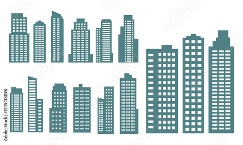 Green Silhouette Elements Set of Skyscraper Tower Building in City Town