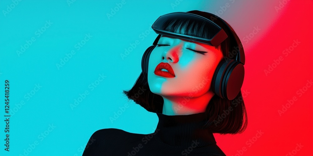 Women's History Month Concepts. Stylish woman with headphones against a colorful background. Women's History Month Concepts. Stylish woman with headphones against a colorful background.
