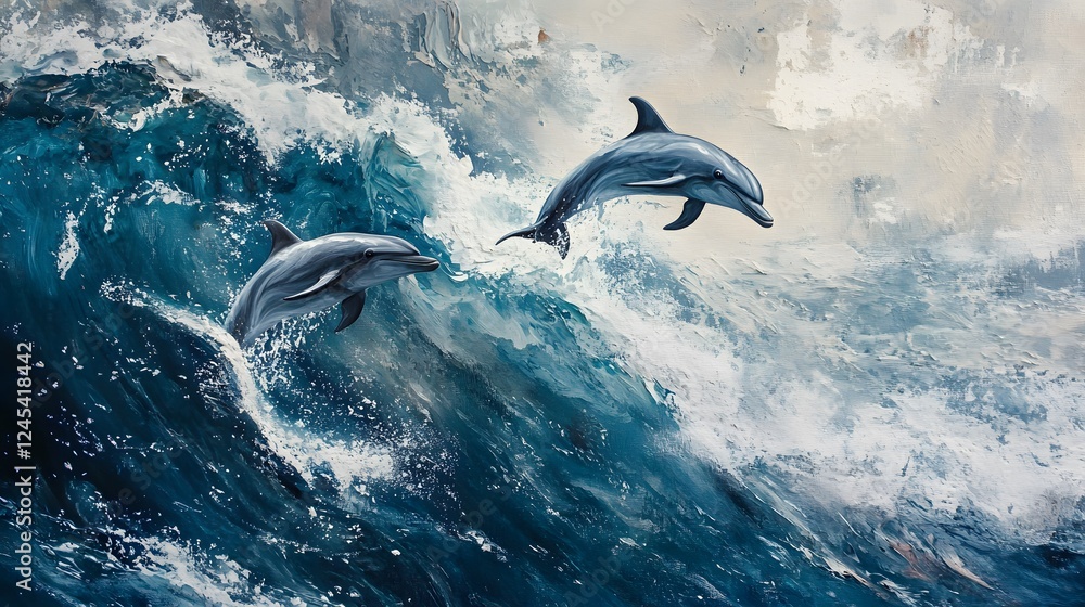 Fototapeta premium Dolphins leaping over turbulent waves, dynamic ocean scene with vibrant blues, symbolizing freedom and adventure.