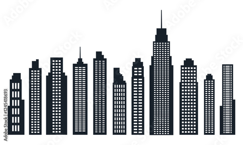 Black Silhouette Elements Set of Skyscraper Tower Building in City Town