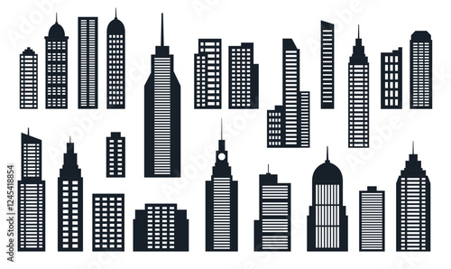 Black Silhouette Elements Set of Skyscraper Tower Building in City Town