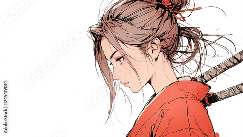 Strong female warrior in red traditional Japanese clothing wielding a katana sword brought to life in vibrant anime style Anime Wallpaper Background Illustration Aesthetic