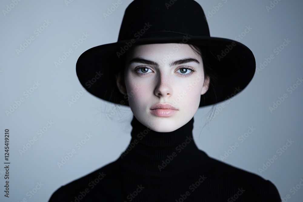 Women's History Month Concepts. Elegant portrait of a model wearing a black hat and turtleneck. Women's History Month Concepts. Elegant portrait of a model wearing a black hat and turtleneck.